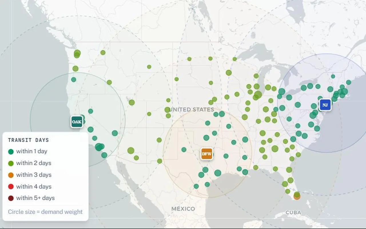 Two-day reach by destination state from three distribution hubs