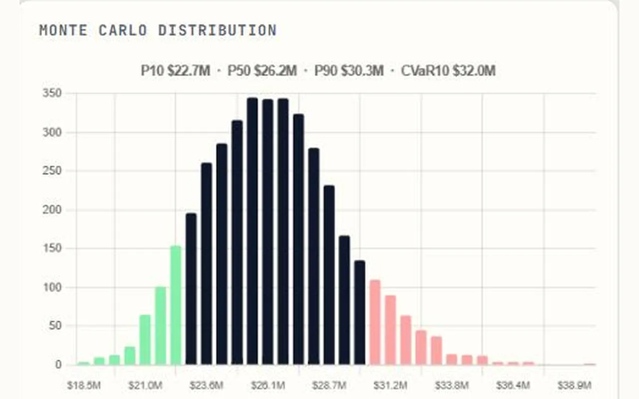 One thousand simulated outcomes with P10, P50 and P90 marked